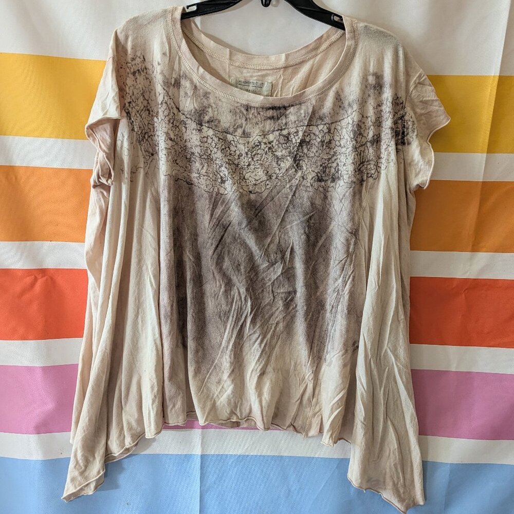 Allsaints Cream Lace Imprint Tunic Top Oversized Flowy Handkerchief Hem Grunge 4